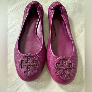 Tory Burch Purple Pebbled Leather Slip-On Emblem Cap Ballet Flats 8M